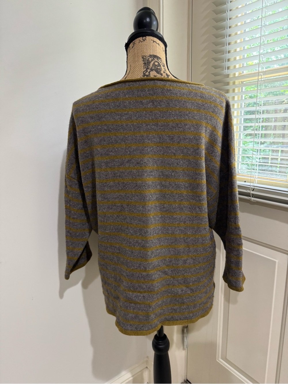 Eileen Fisher Gray and Mustard Striped Scoop-Neck yak & wool Sweater size L - Picture 3 of 12